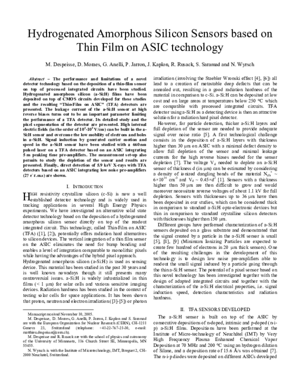 (PDF) Hydrogenated Amorphous Silicon Sensors Based on Thin Film on ASIC ...