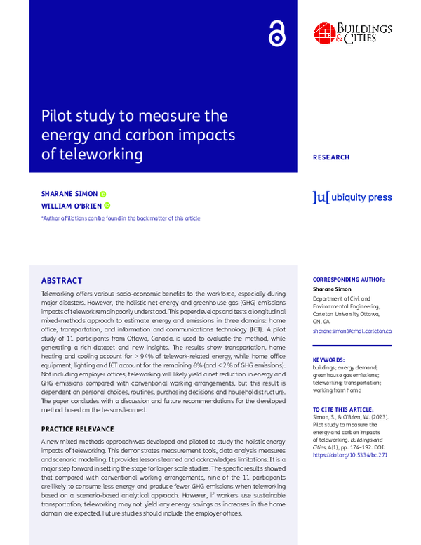 (PDF) Pilot study to measure the energy and carbon impacts of teleworking