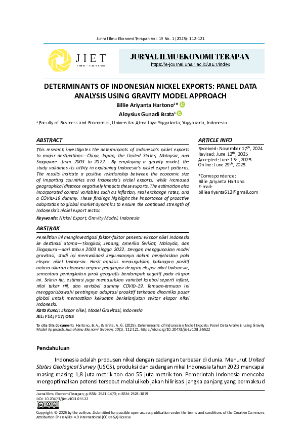 (PDF) Determinants of Indonesian Nickel Exports: Panel Data Analysis ...