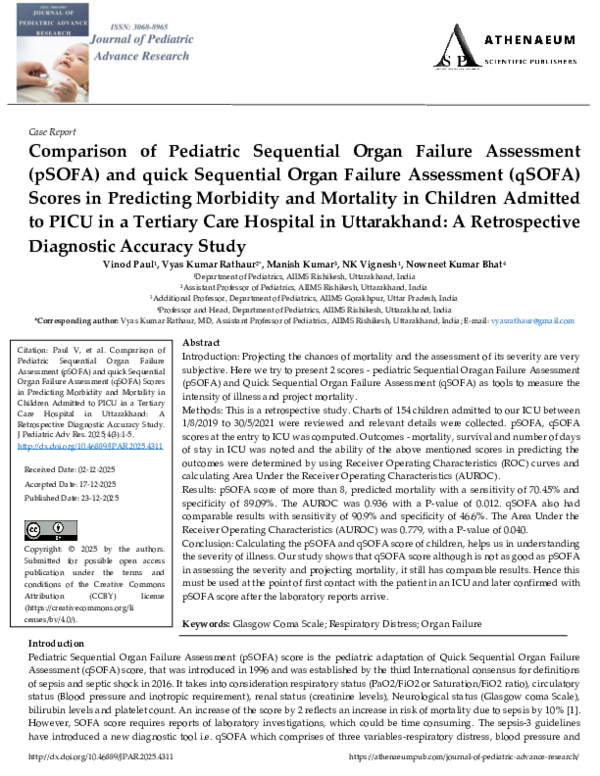 (PDF) Comparison of Pediatric Sequential Organ Failure Assessment p SOFA