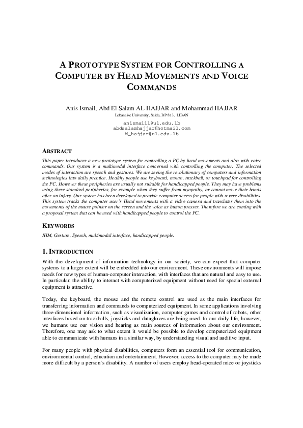 (PDF) A Prototype System for Controlling a Computer by Head Movements ...