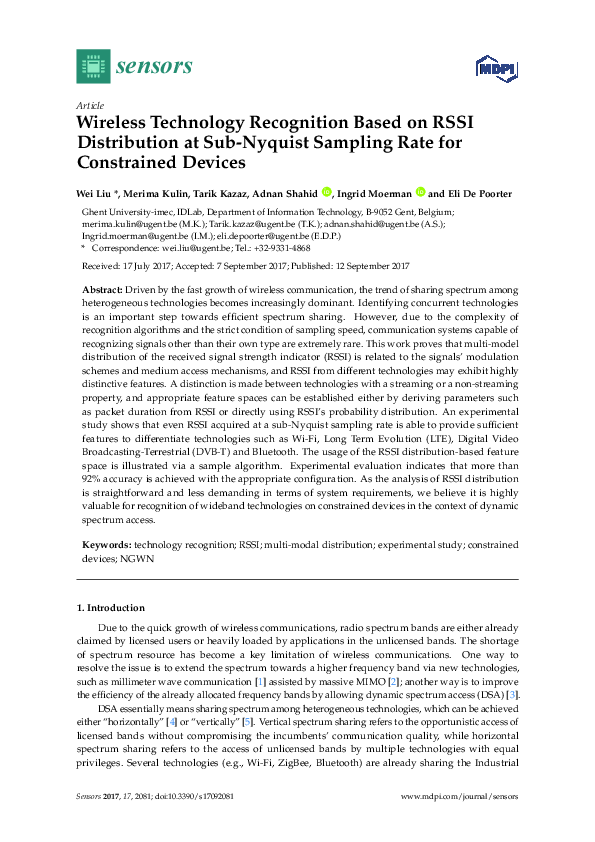 (PDF) Wireless Technology Recognition Based on RSSI Distribution at Sub ...