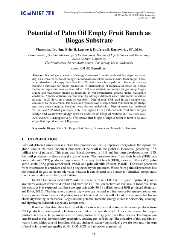 (PDF) Potential of Palm Oil Empty Fruit Bunch as Biogas Substrate