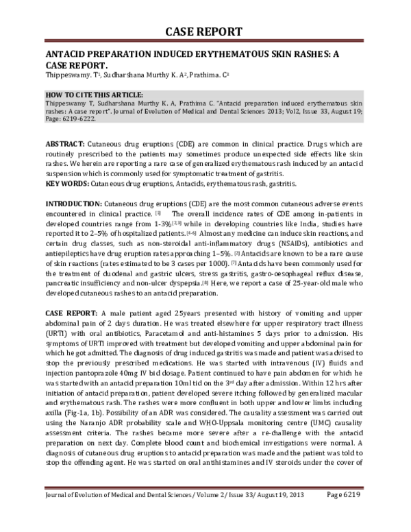 (PDF) Antacid Preparation Induced Erythematous Skin Rashes: A Case Report
