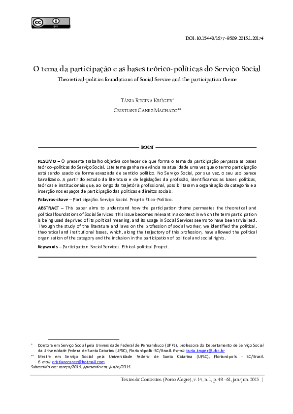(PDF) O tema da participação e as bases teórico-políticas do Serviço ...