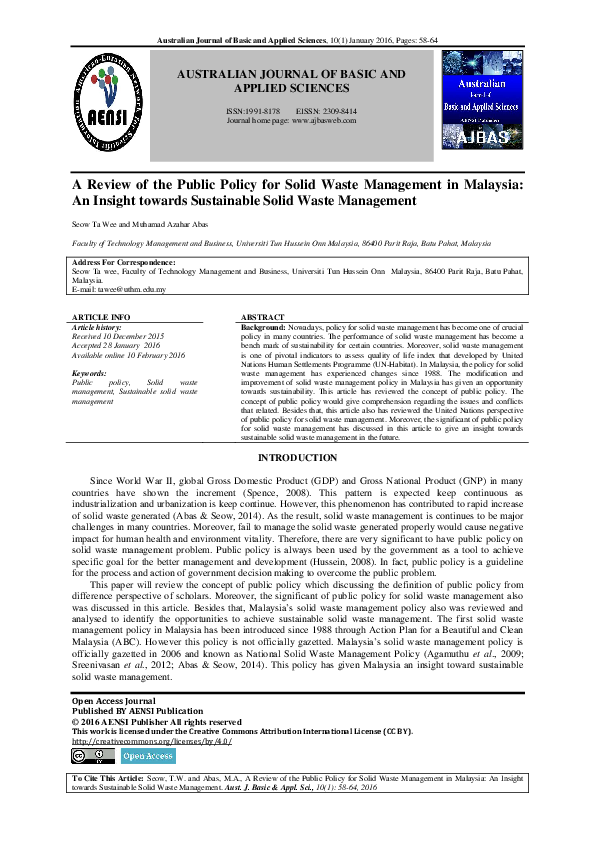 (PDF) A Review of the Public Policy for Solid Waste Management in ...