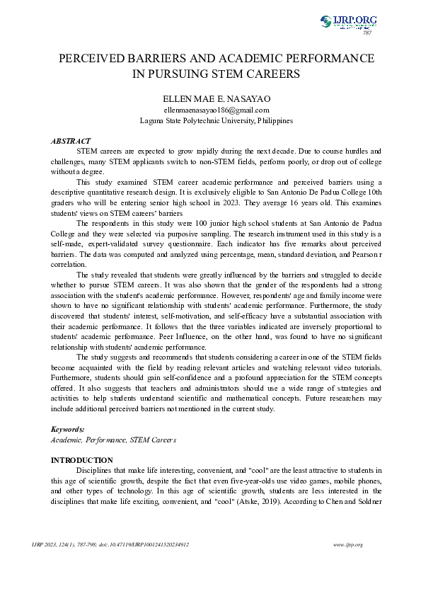 (PDF) Perceived Barriers and Academic Performance in Pursuing Stem Careers