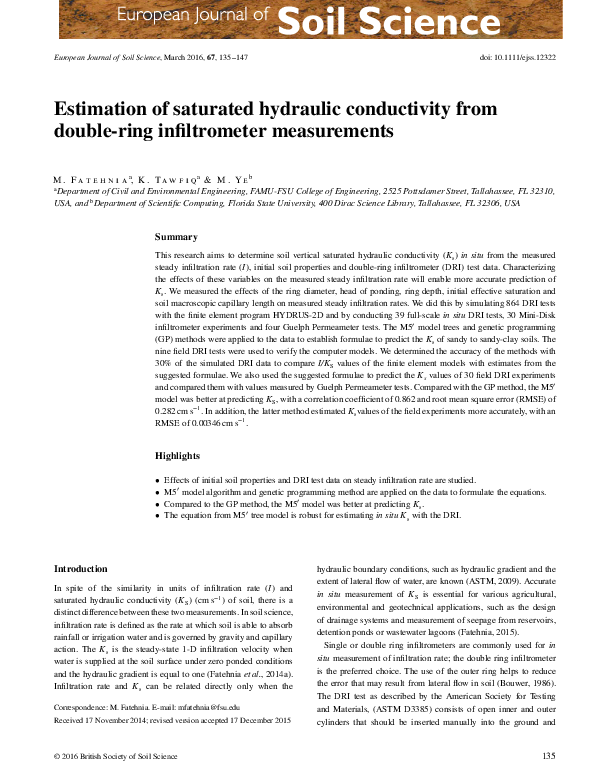 (PDF) Estimation of saturated hydraulic conductivity from double-ring ...