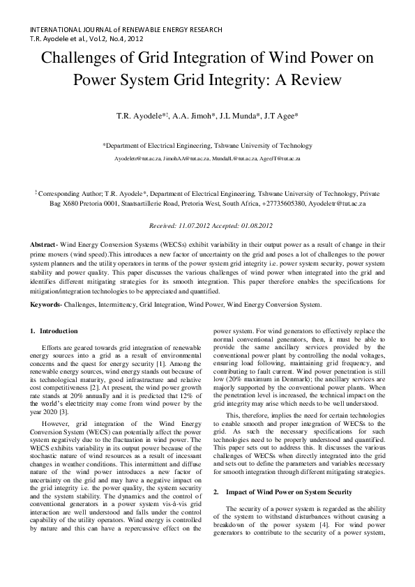 (PDF) Challenges of Grid Integration of Wind Power on Power System Grid ...