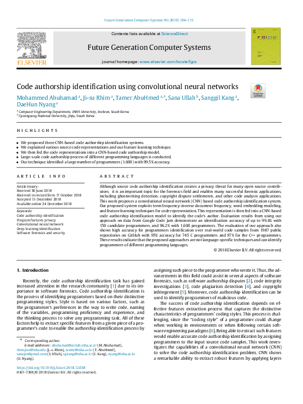 (PDF) Code authorship identification using convolutional neural networks