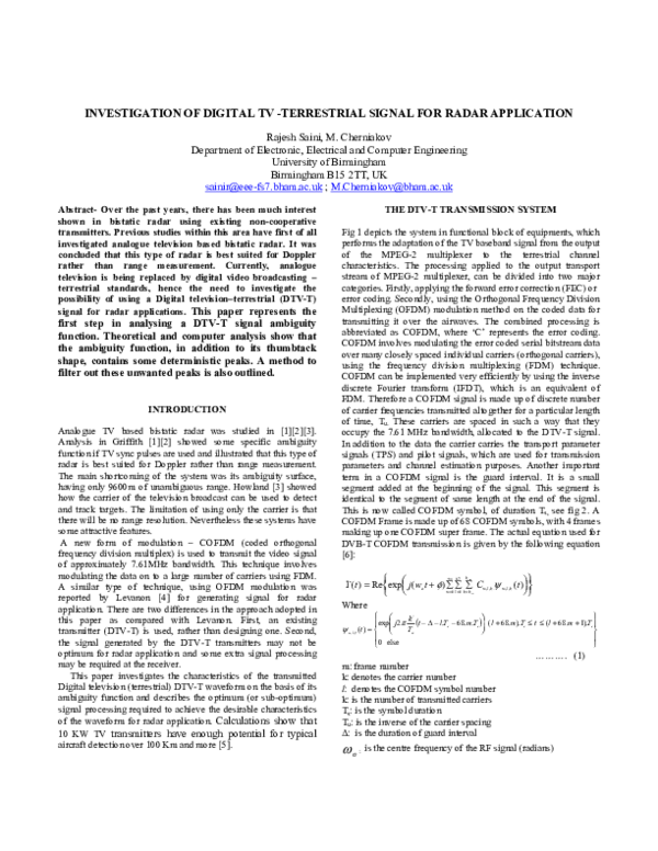 (PDF) Investigation of digital TV-terrestrial signal for radar application
