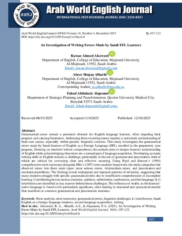 (PDF) An Investigation of Writing Errors Made by Saudi EFL Learners