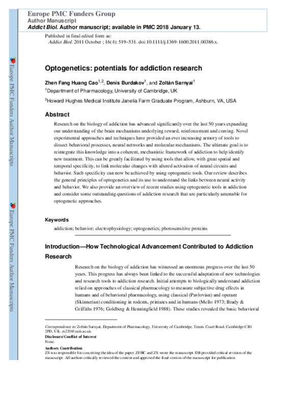 (PDF) Optogenetics: potentials for addiction research