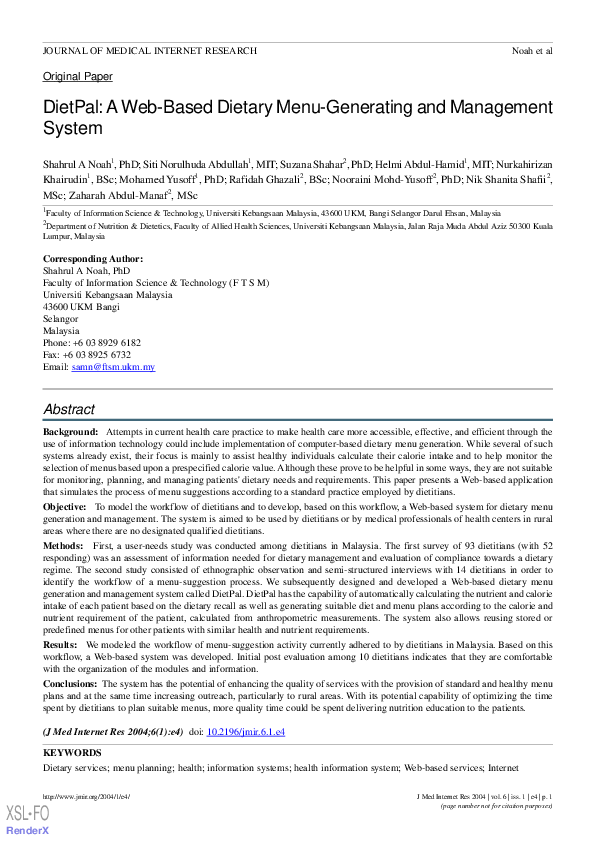 (PDF) DietPal: A Web-Based Dietary Menu-Generating and Management System