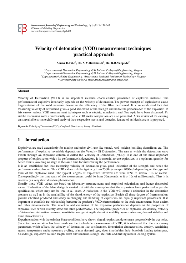 (PDF) Velocity of detonation (VOD) measurement techniques - practical ...