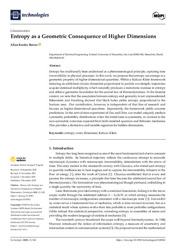 (PDF) Entropy as a Geometric Consequence of Higher Dimensions