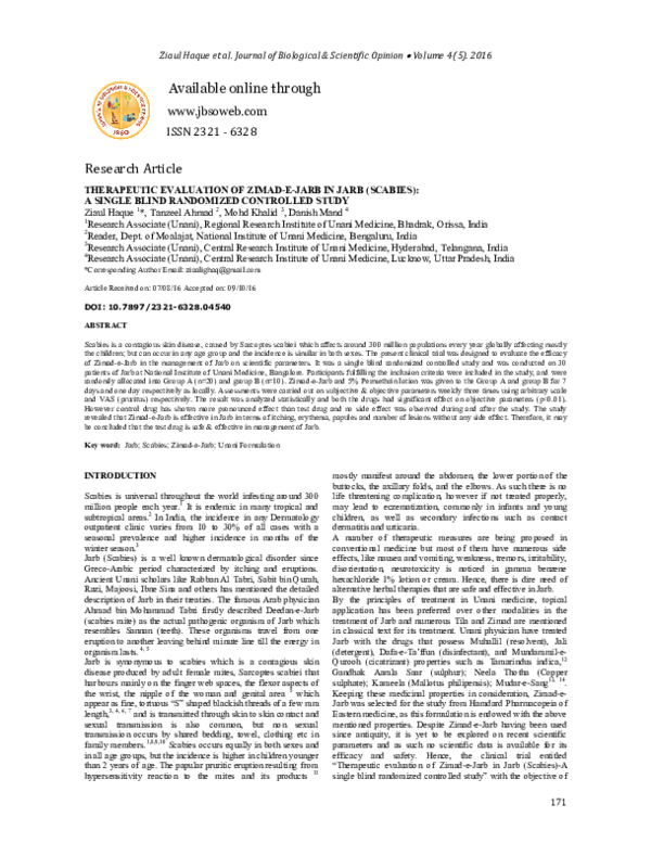 (PDF) Therapeutic Evaluation of Zimad-E-Jarb in Jarb (Scabies): A ...