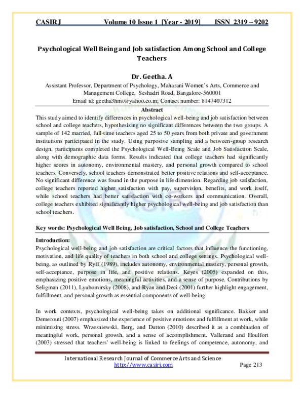 (PDF) Psychological Well Being and Job satisfaction Among School and ...
