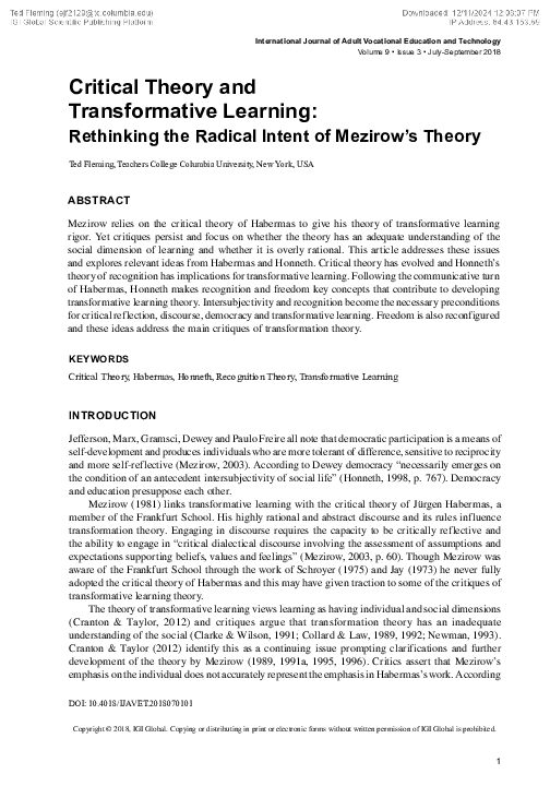 (PDF) Critical theory and transformative learning: Rethinking the ...
