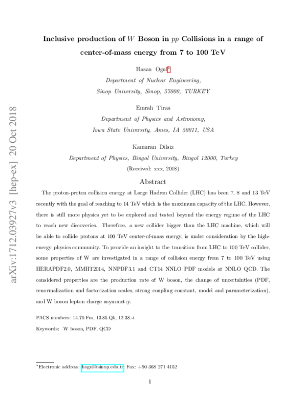(PDF) Inclusive production of $W$ and Z Bosons in pp Collisions in a ...