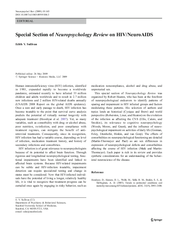 (PDF) Special Section of Neuropsychology Review on HIV/NeuroAIDS