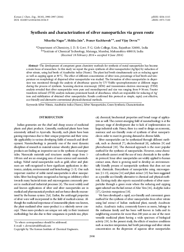 (PDF) Synthesis and characterization of silver nanoparticles via green ...