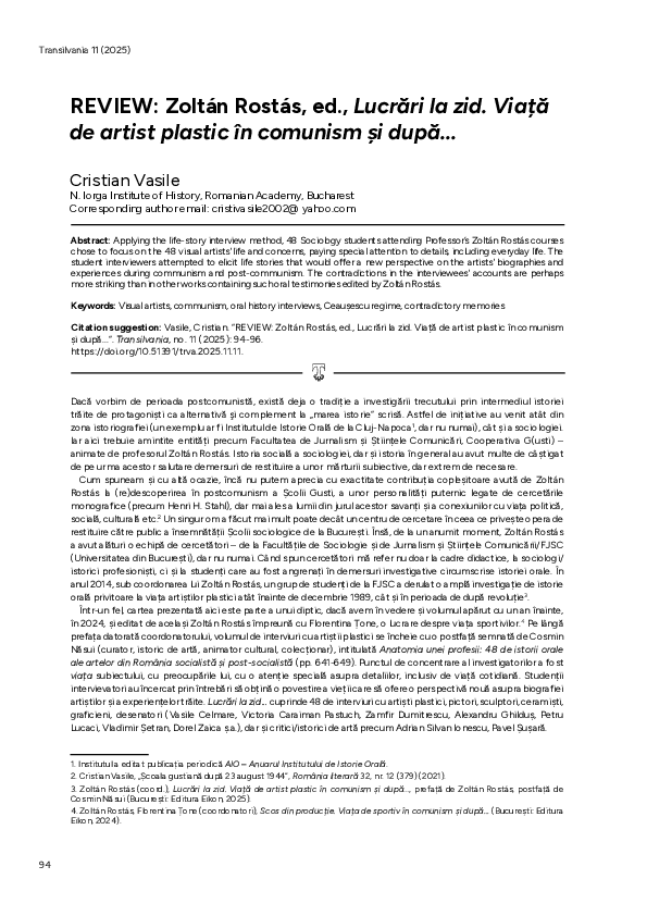 (PDF) Zoltán Rostás, ed., Lucrări la zid. Viață de artist plastic în ...