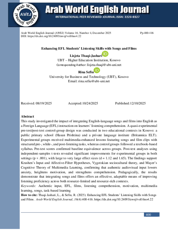 (PDF) Enhancing EFL Students' Listening Skills with Songs and Films