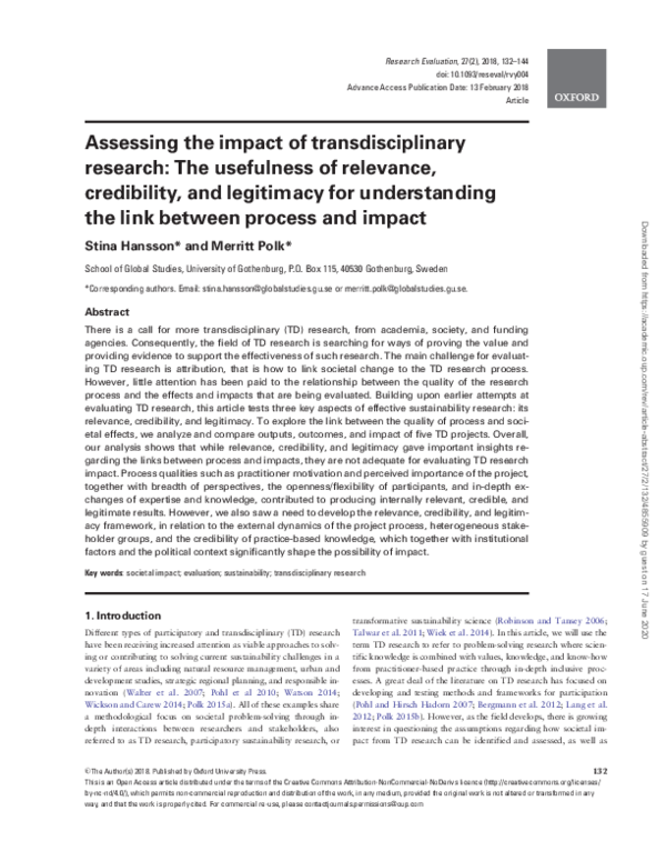 (PDF) Assessing the impact of transdisciplinary research: The ...