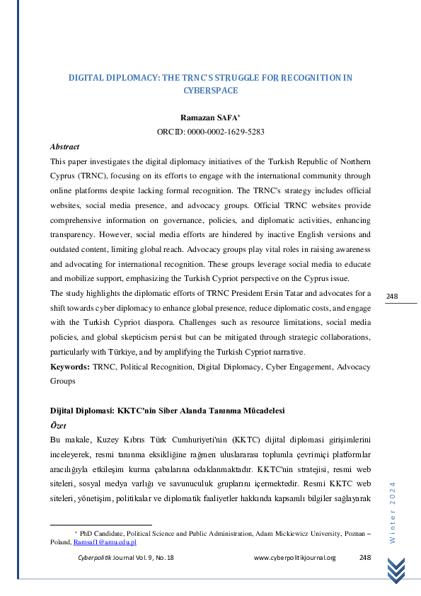 (PDF) DIGITAL DIPLOMACY: THE TRNC'S STRUGGLE FOR RECOGNITION IN CYBERSPACE