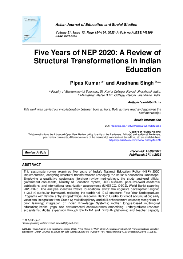 (PDF) Five Years of NEP 2020: A Review of Structural Transformations in ...