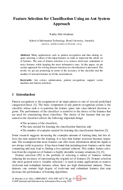 (PDF) Feature Selection for Classification Using an Ant System Approach