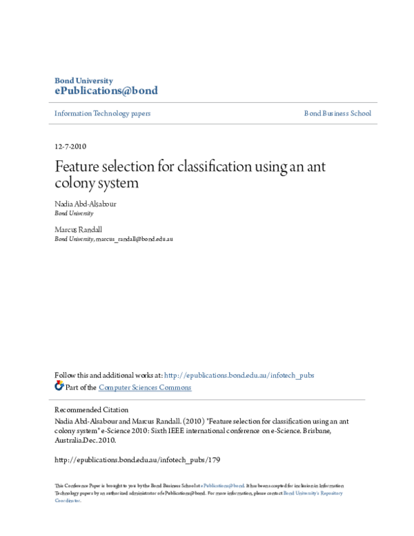 (PDF) Feature Selection for Classification Using an Ant Colony System