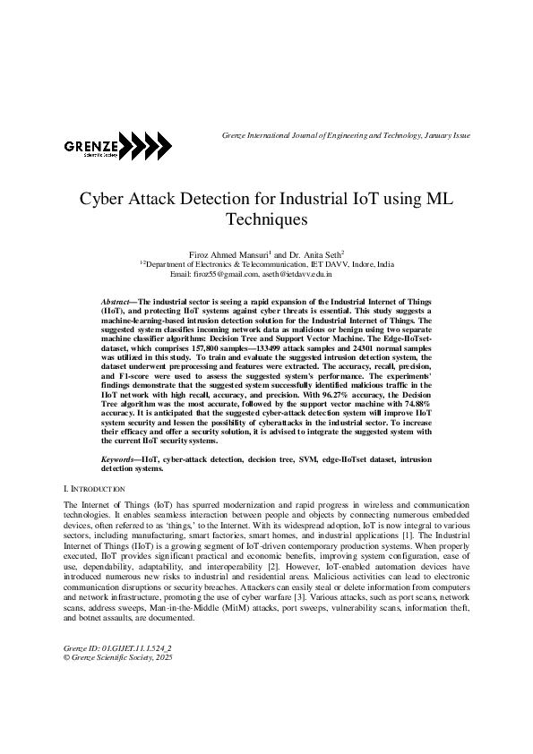 (PDF) Cyber Attack Detection for Industrial IoT using ML Techniques