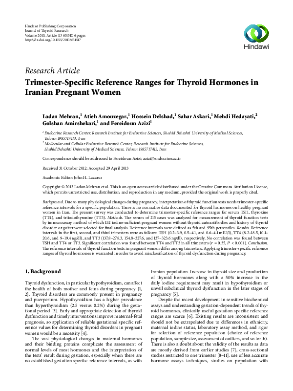 (PDF) Trimester-Specific Reference Ranges for Thyroid Hormones in ...