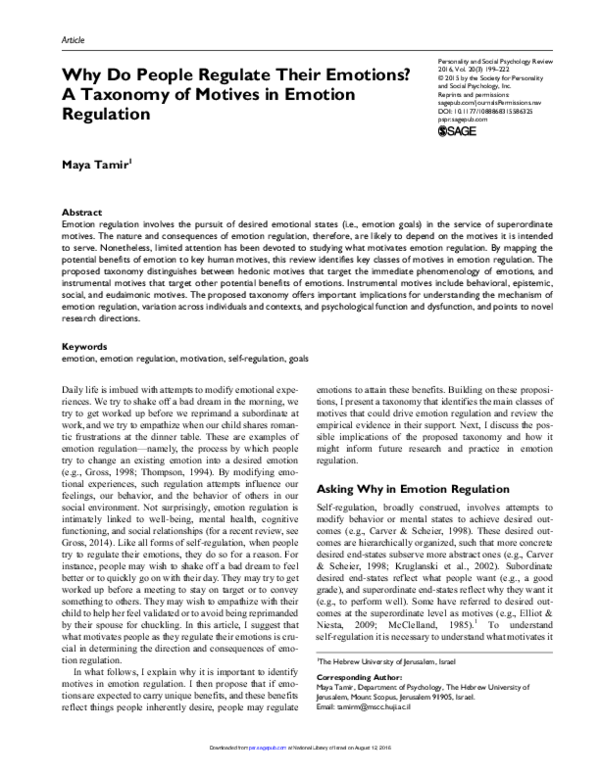 (PDF) Why Do People Regulate Their Emotions? A Taxonomy of Motives in ...
