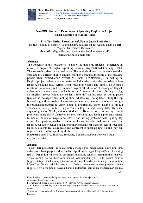 (PDF) Non-EFL Students’ Experience of Speaking English: A Project Based ...