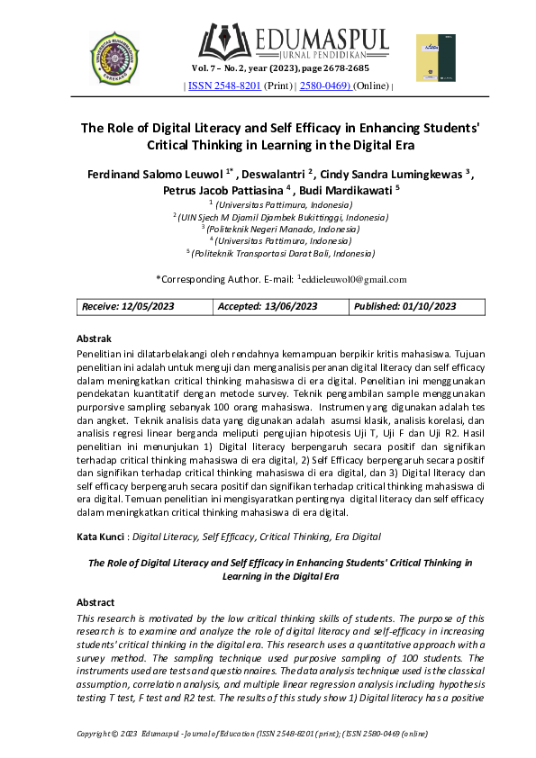 (PDF) The Role of Digital Literacy and Self Efficacy in Enhancing ...