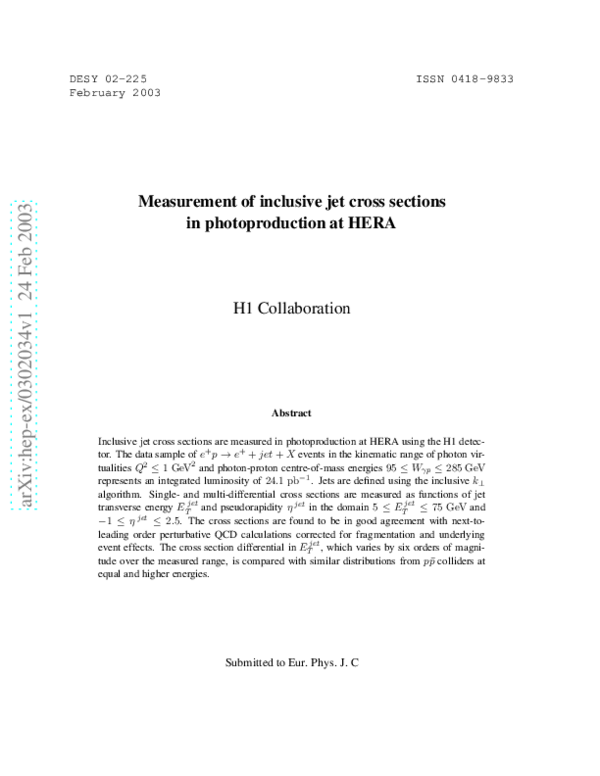 (PDF) Measurement of inclusive jet cross sections in photoproduction at ...