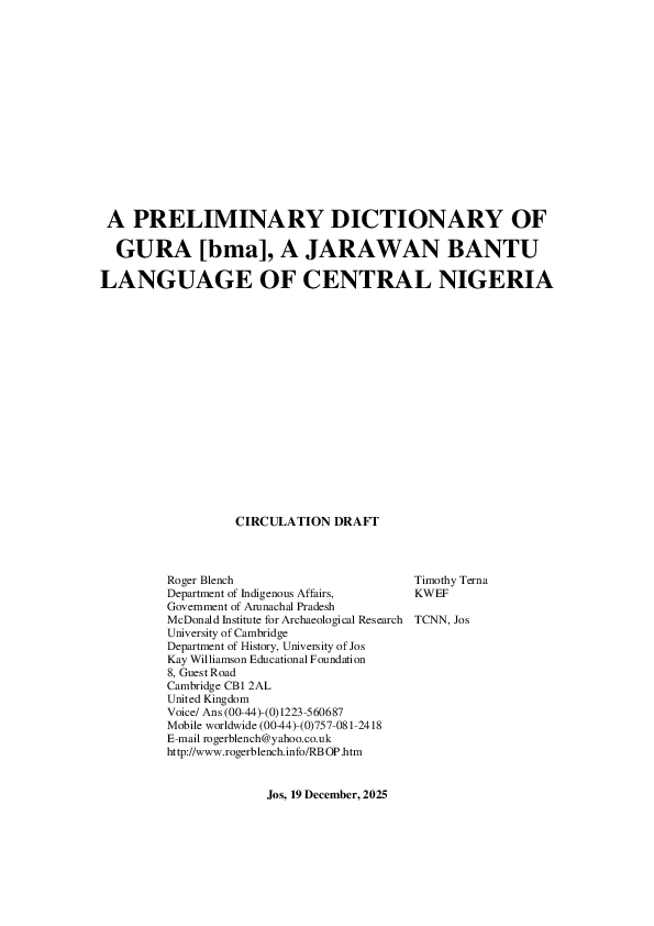 (PDF) A PRELIMINARY DICTIONARY OF GURA [bma], A JARAWAN BANTU LANGUAGE ...