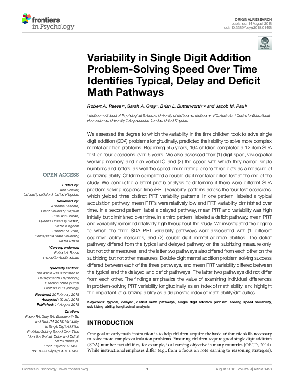 (PDF) Variability in Single Digit Addition Problem-Solving Speed Over ...