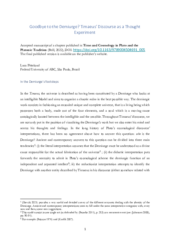 (PDF) Goodbye to the Demiurge? Timaeus’ Discourse as a Thought Experiment