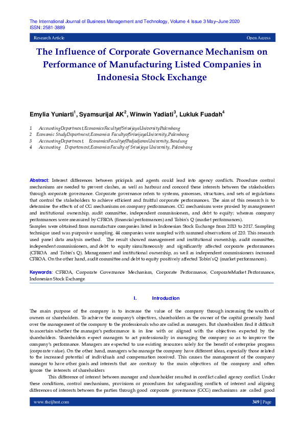 (PDF) The Influence of Corporate Governance Mechanism on Performance of ...
