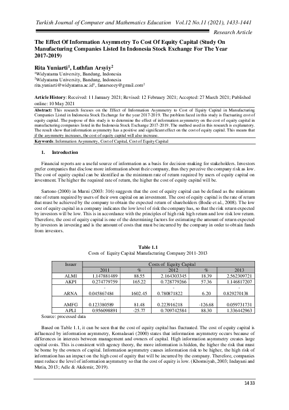 (PDF) The Effect Of Information Asymmetry To Cost Of Equity Capital ...