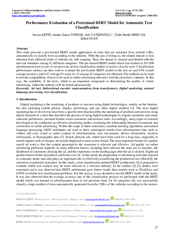 (PDF) Performance Evaluation of a Pretrained BERT Model for Automatic ...