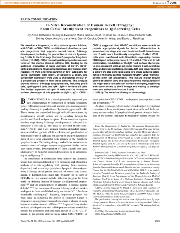 (PDF) In vitro reconstitution of human B-cell ontogeny: from CD34 ...