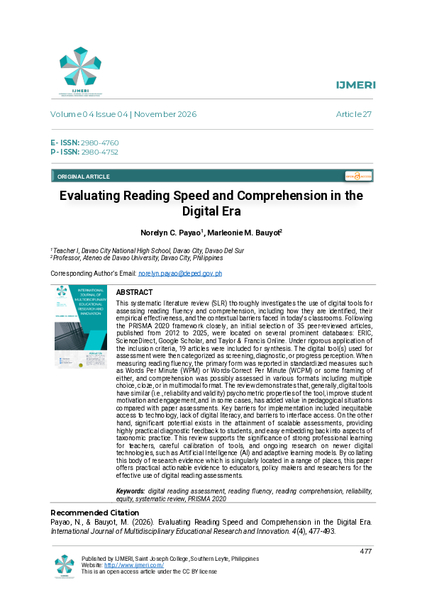 (PDF) Evaluating Reading Speed and Comprehension in the Digital Era