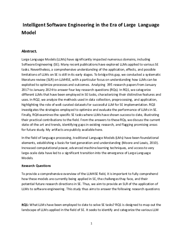 (PDF) Intelligent Software Engineering in the Era of Large Language Model