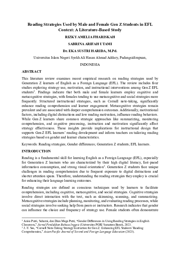 (PDF) Reading Strategies Used by Male and Female Gen Z Students in EFL ...