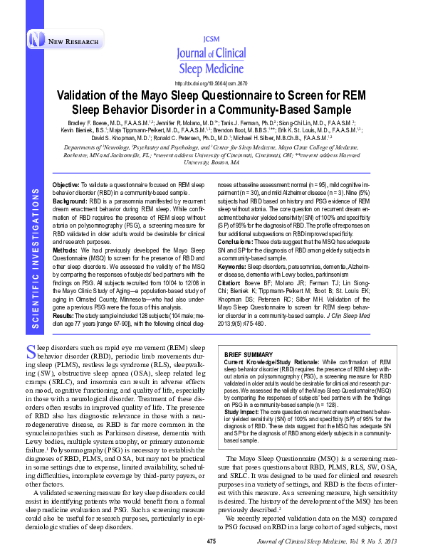 (PDF) Validation of the Mayo Sleep Questionnaire to Screen for REM ...